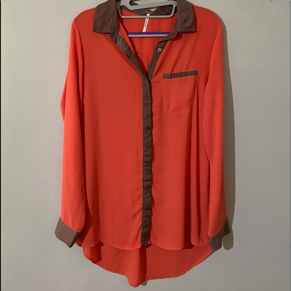 FREE PEOPLE Color Block Button-Down Boyfriend Shirt in ORANGE/BROWN - Size SMALL